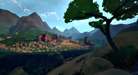 谷底の村　山に抱かれた家々 © タラコおにぎり