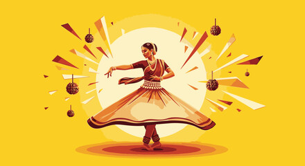 A vibrant illustration of a woman performing a traditional Indian classical dance, her flowing skirt swirling against a festive yellow background.