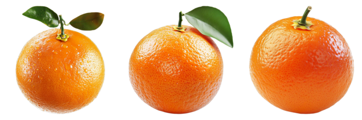 Three oranges are shown in a row, each with a green leaf on top