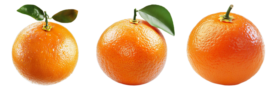 Three oranges are shown in a row, each with a green leaf on top