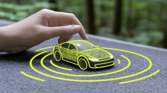 Hand Interacting with Digital Car Model on Dark Surface