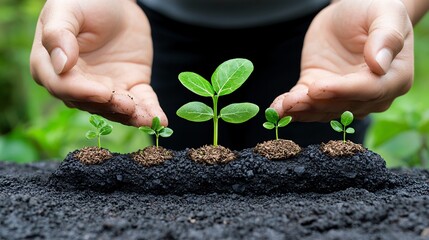 Hands Gently Protecting Small Seedlings in Dark Soil