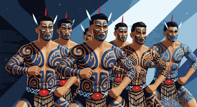 A powerful illustration of Māori warriors with traditional Tā moko tattoos performing a ceremonial Haka dance.