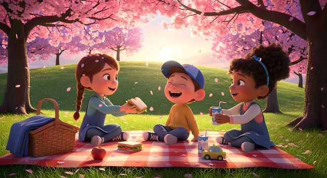 A delightful springtime picnic scene featuring animated children sharing food and drinks under blossoming cherry trees, evoking a sense of joy, friendship and carefree childhood moments amidst a