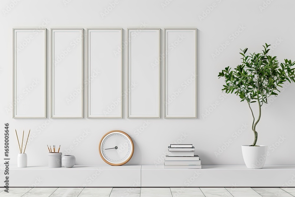 Poster high quality visual of multiple blank picture frames and clock on white wall background