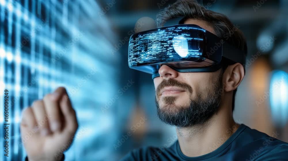 Poster immersive virtual reality technology showcasing futuristic headset interaction with digital elements