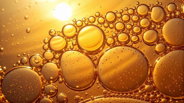 Golden champagne with macro bubble view concept. The image showcases vibrant golden bubbles illuminated by soft light.