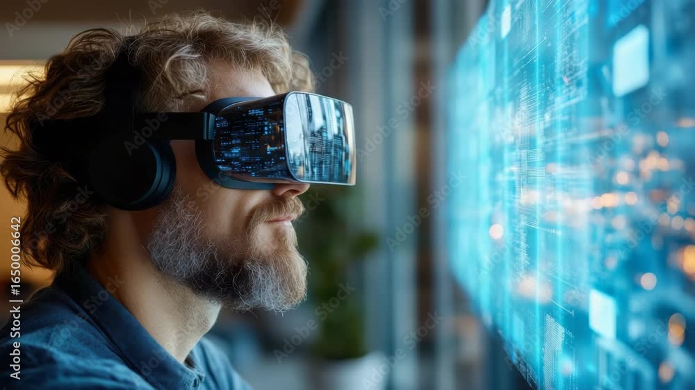 Poster immersive virtual reality technology with man exploring digital landscapes using headset and data