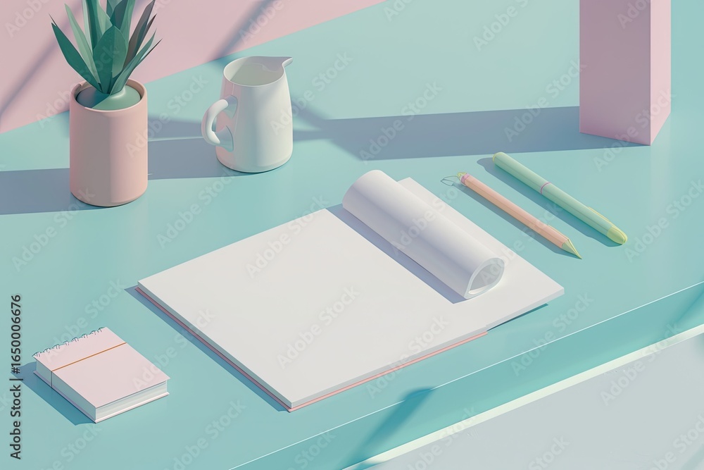 Poster high detail picture of notepad mockup with elements from isometric perspective