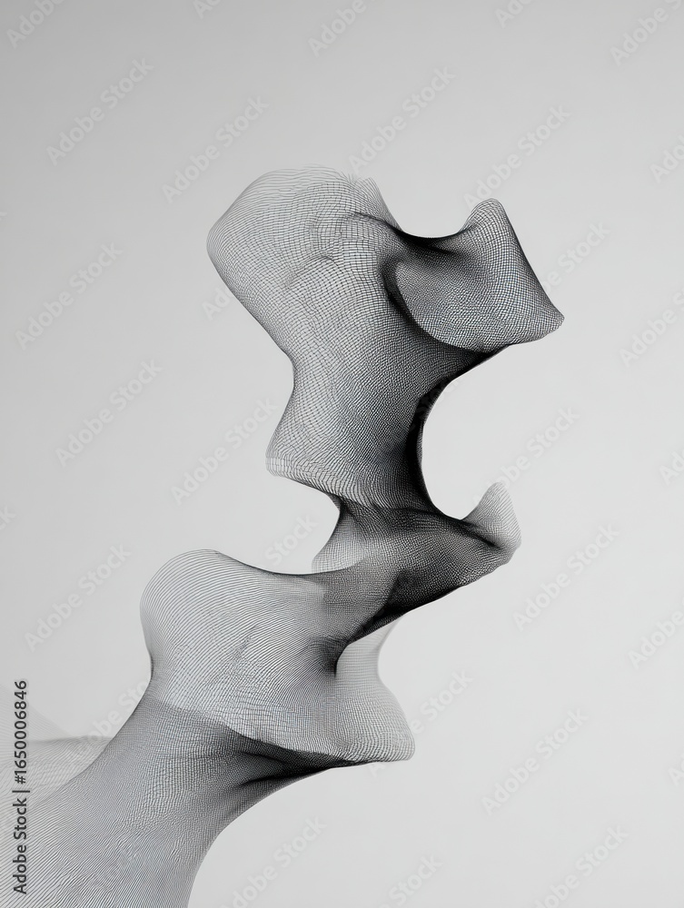 Poster abstract black and white sculpture displaying fluid forms in a minimalist setting, evoking motion an