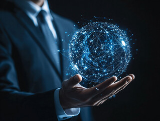 Hands Presenting a Digital Globe with Network Connections and Light Effects