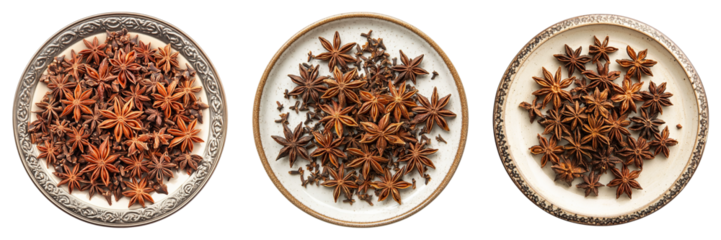 Three plates of spices, one with a lot of red and brown, one with a lot of brown