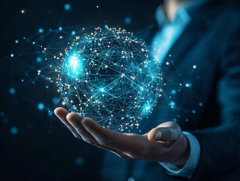 Hand Holding Digital Globe with Network Connections and Lights