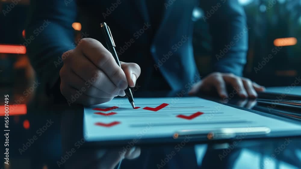 Poster a man is writing on a piece of paper with a red check mark. he is using a pen