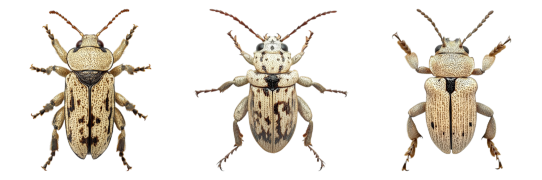 Three bugs are shown in a row, with the middle bug being the largest