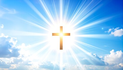 Golden cross in a radiant sky.