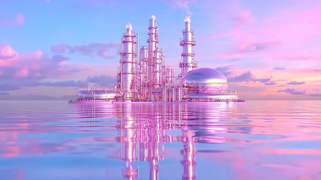 Pink Futuristic Island City at Sunset