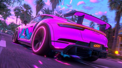 Pink Pixel Art Sports Car at Sunset