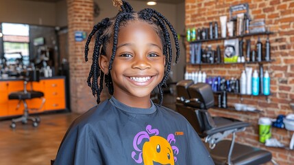 Portrait of a Smiling Child with Braids in a Hair Salon