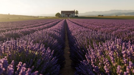 Fototapeta premium lavender field with symmetrical rows leading to farmhouse under blue sky