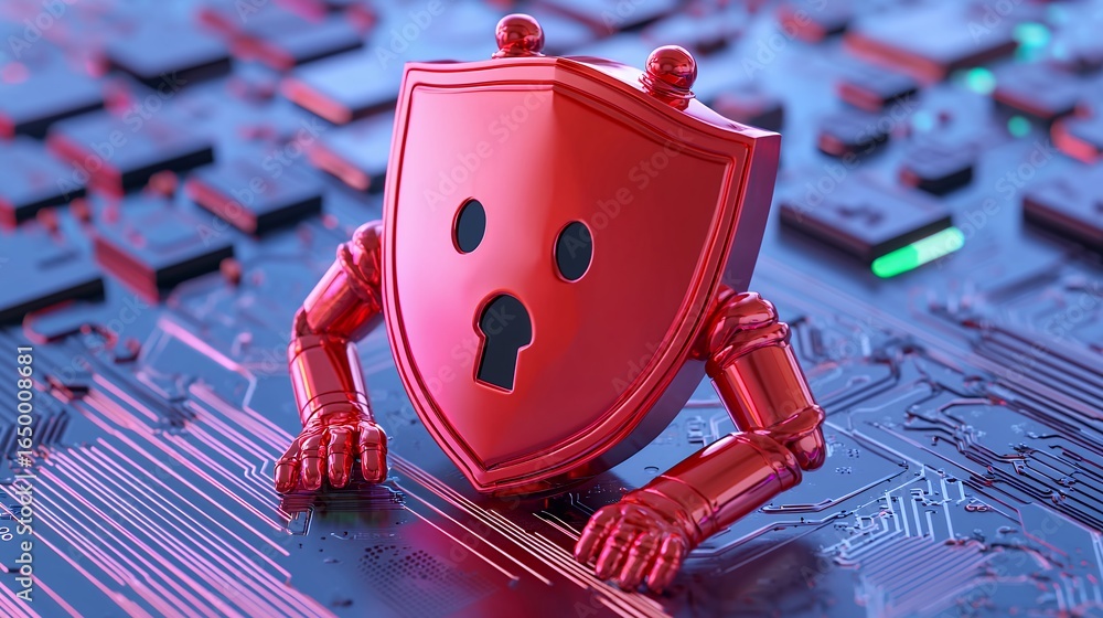 Poster red metallic robot guarding circuit board digital security concept