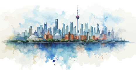 Fototapeta premium Shanghai skyline of watercolor painting