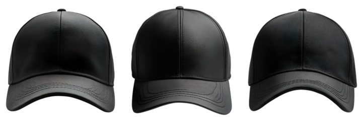 Three black hats are shown in a row