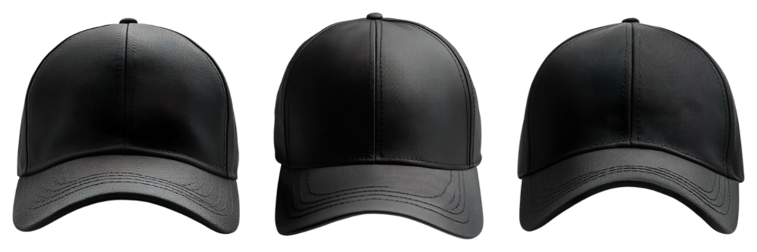 Three black hats are shown in a row