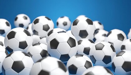 Soccer balls pile with blue background.
