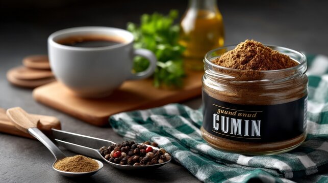Culinary exploration of ground cumin kitchen counter food photography cozy atmosphere close-up flavorful seasoning