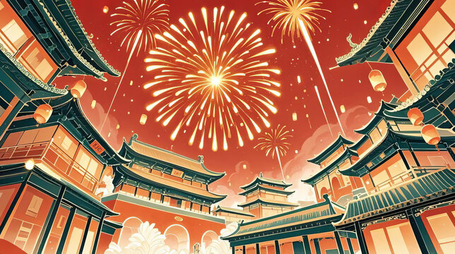 Ancient architecture with fireworks for New Year festival celebration background