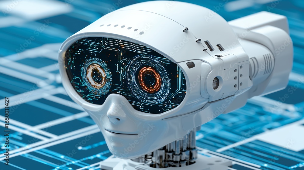 Poster white robotic head with glowing data visor on circuit board