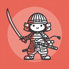 Cute cartoon drawing of a samurai warrior in armor, holding two swords, on red background