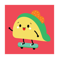 Taco Character Riding a Skateboard Cartoon Design
