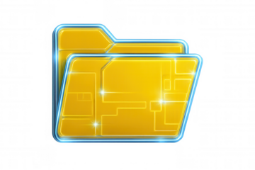 Digital folder gleaming gold, incorporating intricate circuit pattern, symbolizing data management against transparent backdrop for seamless design integration