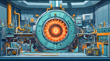 A large industrial machine operating in a factory setting with workers and equipment in action.