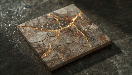 A square stone tile with intricate cracks filled with gold leaf, resting on a dark surface.