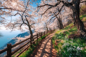 Serene cherry blossom path overlooking a misty ocean