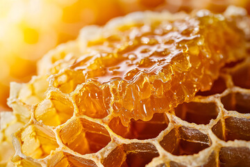 Close-Up of Golden Honeycomb Cell with Honey Dripping Off Surface