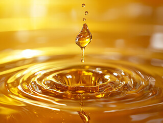 Close-Up of Water Droplet Creating Ripples in Golden Liquid Surface