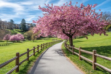 Spring blossoms line a park path