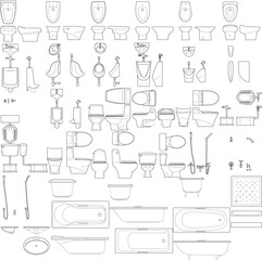 2D Vector Lining Bathroom Sanitary Kit for Interior Design and Architecture