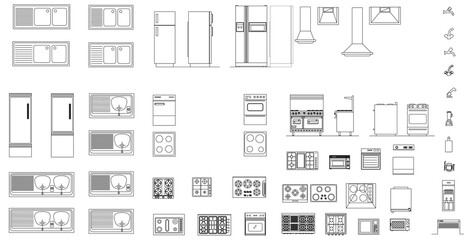 Kitchen kit with 2D lines and vectors for interior design and architecture