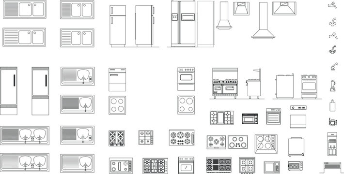 Kitchen kit with 2D lines and vectors for interior design and architecture