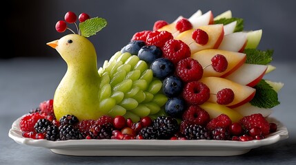 Stunning fruit peacock presentation delights with vibrant berries and fresh melon
