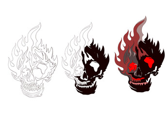 Fiery skull tattoo designs vector set in black and white, featuring aggressive and blazing skull illustrations for edgy graphic tees, posters, biker art, and horror themes.