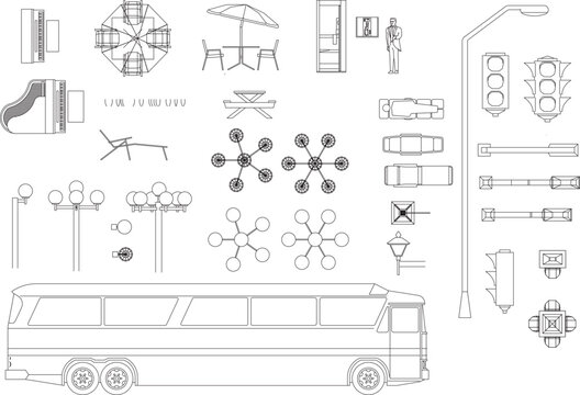 2D linear design, light pole, traffic light pole, bus and piano vector for interior design and architecture.