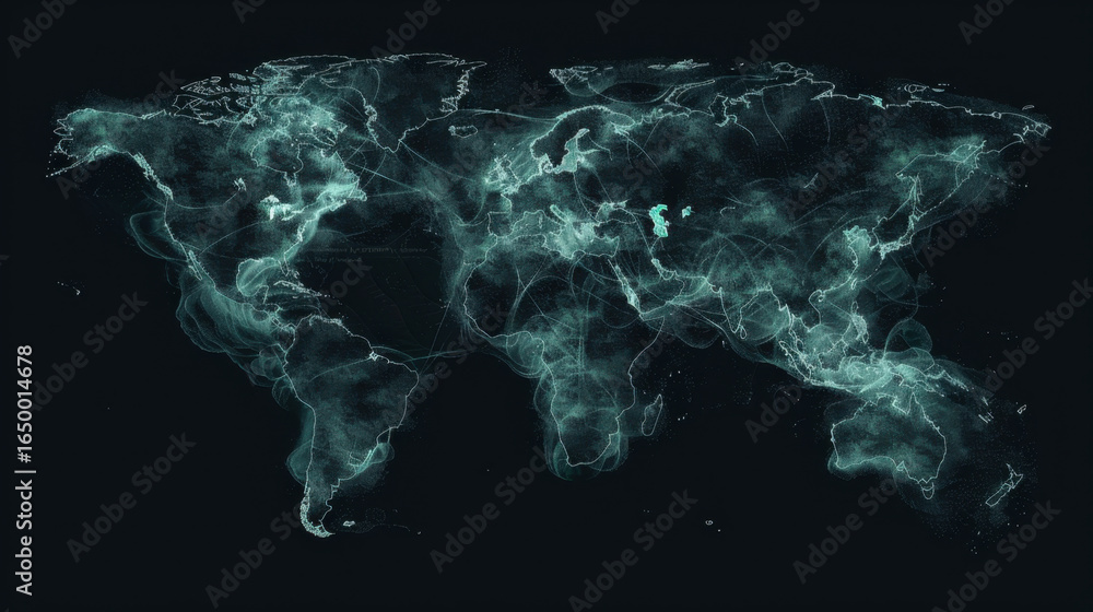 Poster visualize global map showcasing intricate data patterns and connections, representing various routes
