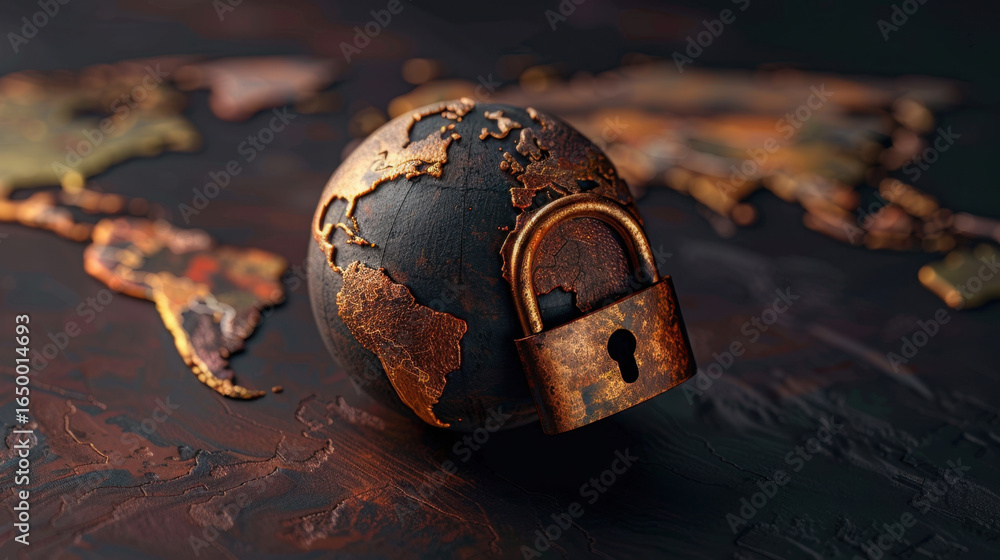 Poster globe with rusty padlock symbolizes global security and protection. intricate details of world map h