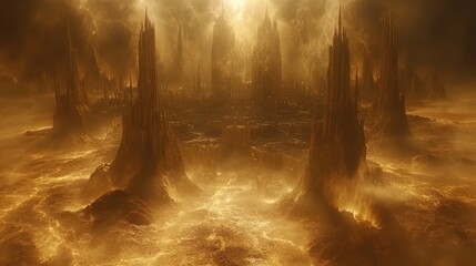 Obraz premium Golden, otherworldly city on fiery landscape